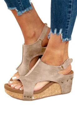 Best Dear-Lover Vintage Leather Stitching Studded Wedge Sandals Gray