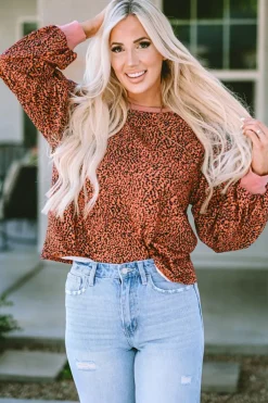 Outlet Dear-Lover Vintage Leopard Bubble Sleeve Pullover Sweatshirt Fiery Red