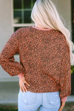 Outlet Dear-Lover Vintage Leopard Bubble Sleeve Pullover Sweatshirt Fiery Red