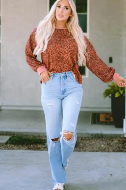 Outlet Dear-Lover Vintage Leopard Bubble Sleeve Pullover Sweatshirt Fiery Red