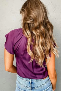 Outlet Dear-Lover Pleated Flutter Sleeve Satin Top Violet