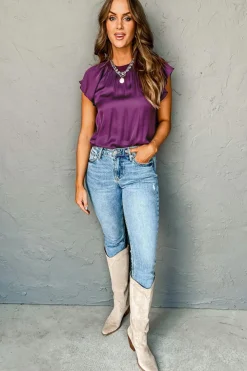 Outlet Dear-Lover Pleated Flutter Sleeve Satin Top Violet