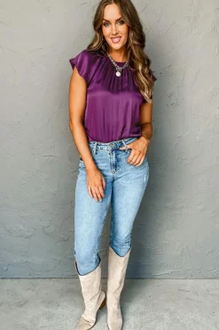 Outlet Dear-Lover Pleated Flutter Sleeve Satin Top Violet
