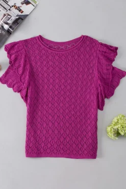 Online Dear-Lover Ruffled Short Sleeve Textured Knit Sweater Violet