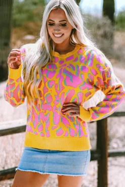 Best Dear-Lover Abstract Print Ribbed Trim Baggy Sweater Vitality Orange