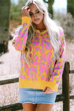 Best Dear-Lover Abstract Print Ribbed Trim Baggy Sweater Vitality Orange