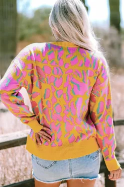 Best Dear-Lover Abstract Print Ribbed Trim Baggy Sweater Vitality Orange
