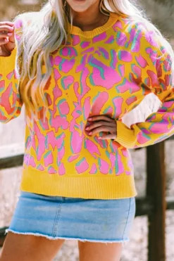 Best Dear-Lover Abstract Print Ribbed Trim Baggy Sweater Vitality Orange