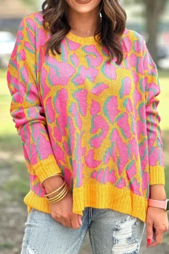 Best Dear-Lover Abstract Print Ribbed Trim Baggy Sweater Vitality Orange
