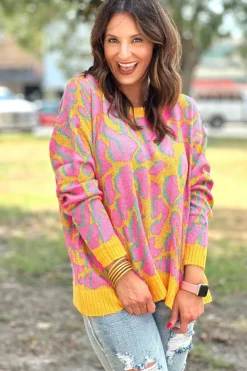 Best Dear-Lover Abstract Print Ribbed Trim Baggy Sweater Vitality Orange