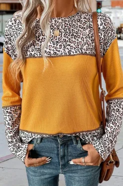 Outlet Dear-Lover Leopard Print Waffle Knit Patchwork Top Vitality Orange