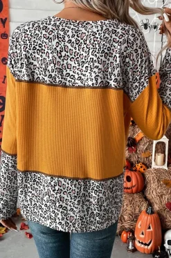 Outlet Dear-Lover Leopard Print Waffle Knit Patchwork Top Vitality Orange