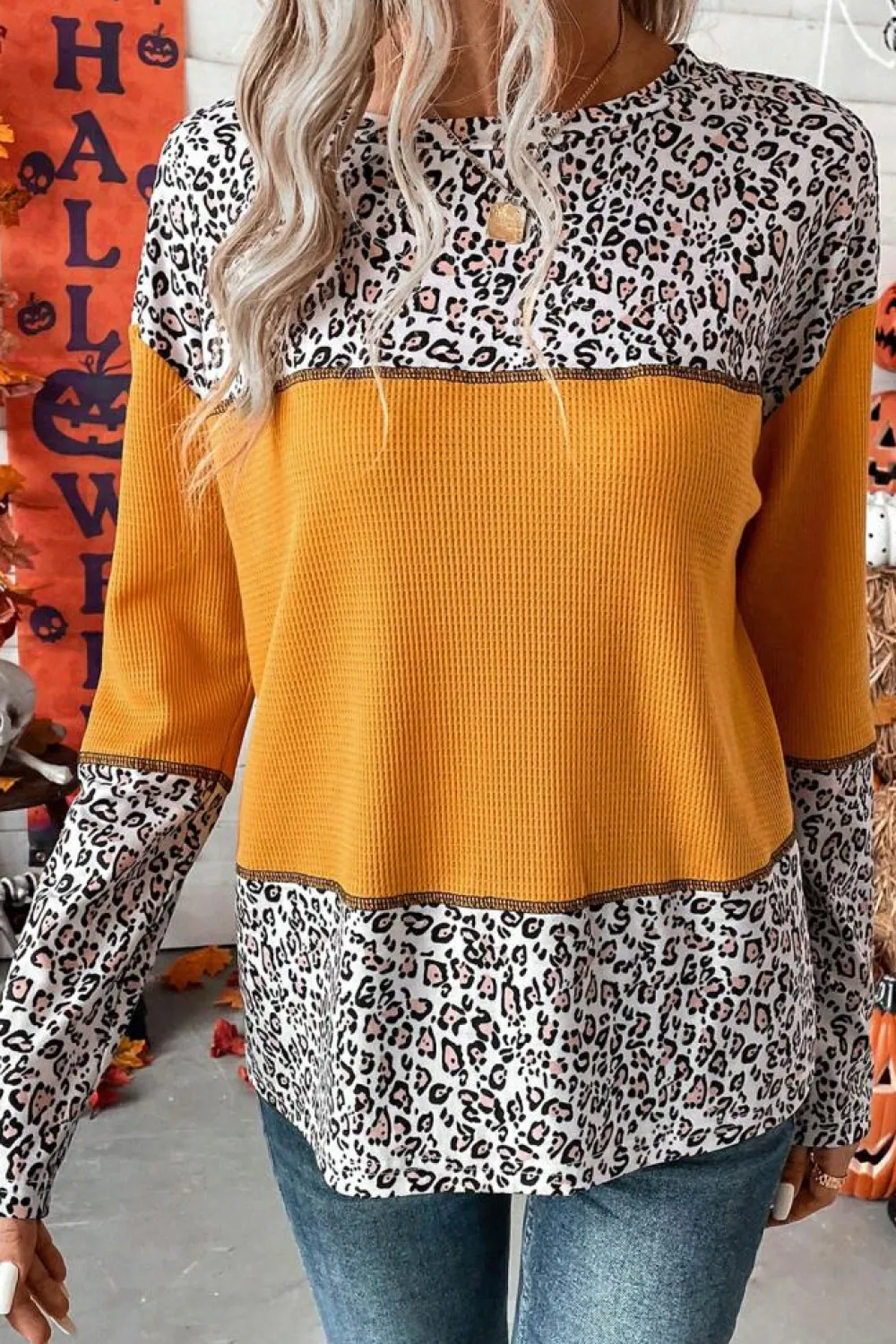 Outlet Dear-Lover Leopard Print Waffle Knit Patchwork Top Vitality Orange