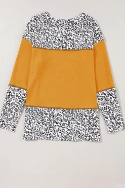 Outlet Dear-Lover Leopard Print Waffle Knit Patchwork Top Vitality Orange