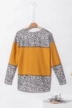 Outlet Dear-Lover Leopard Print Waffle Knit Patchwork Top Vitality Orange