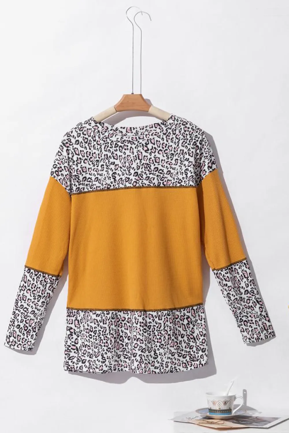 Outlet Dear-Lover Leopard Print Waffle Knit Patchwork Top Vitality Orange