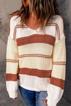 Clearance Dear-Lover V-neck Knitted Lantern Sleeve Pullover Sweater Fiery Red