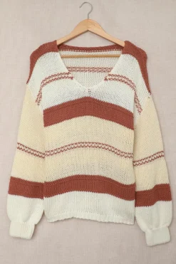 Clearance Dear-Lover V-neck Knitted Lantern Sleeve Pullover Sweater Fiery Red