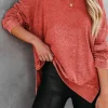Online Dear-Lover Waffle Knit Side Slit Pullover Top Fiery Red