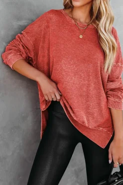 Online Dear-Lover Waffle Knit Side Slit Pullover Top Fiery Red