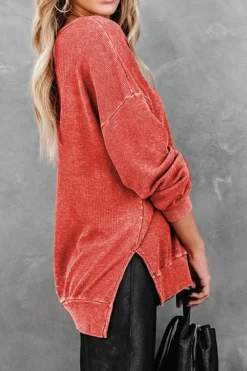Online Dear-Lover Waffle Knit Side Slit Pullover Top Fiery Red