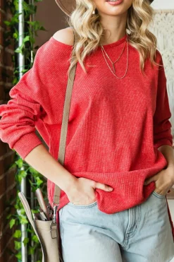 Online Dear-Lover Waffle Knit Side Slit Pullover Top Fiery Red