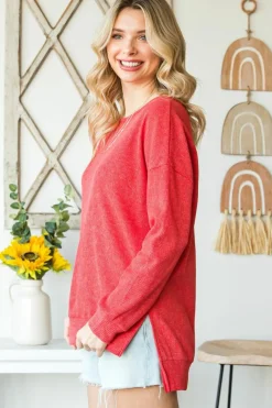 Online Dear-Lover Waffle Knit Side Slit Pullover Top Fiery Red