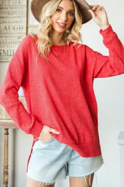 Online Dear-Lover Waffle Knit Side Slit Pullover Top Fiery Red