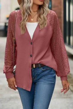Outlet Dear-Lover Waffled Knit Lace Long Sleeve Buttoned Cardigan Fiery Red