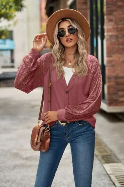 Outlet Dear-Lover Waffled Knit Lace Long Sleeve Buttoned Cardigan Fiery Red