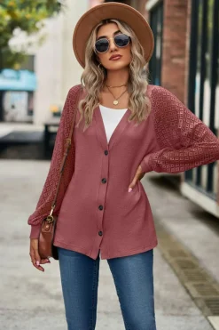 Outlet Dear-Lover Waffled Knit Lace Long Sleeve Buttoned Cardigan Fiery Red