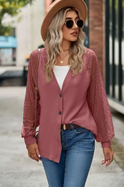 Outlet Dear-Lover Waffled Knit Lace Long Sleeve Buttoned Cardigan Fiery Red