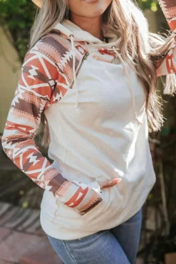 Clearance Dear-Lover Western Aztec Print Patchwork Double Hood Hoodie Printed