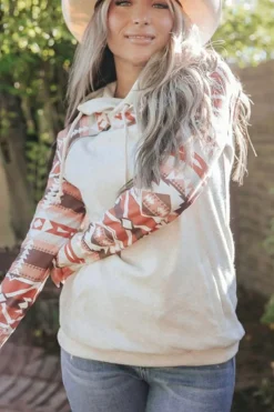 Clearance Dear-Lover Western Aztec Print Patchwork Double Hood Hoodie Printed