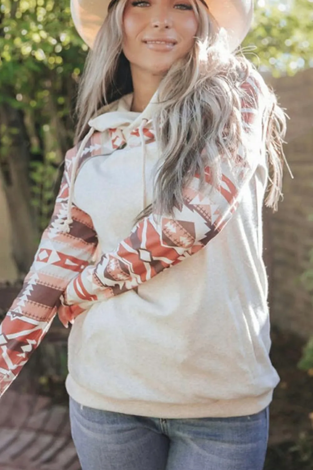 Clearance Dear-Lover Western Aztec Print Patchwork Double Hood Hoodie Printed