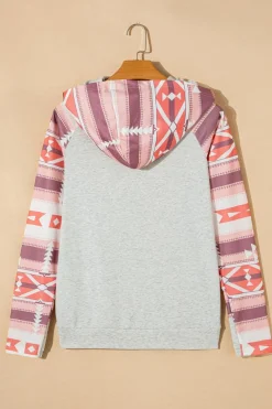 Clearance Dear-Lover Western Aztec Print Patchwork Double Hood Hoodie Printed