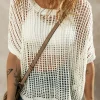 Outlet Dear-Lover Whit Fishnet Knit Ribbed Round Neck Short Sleeve Sweater Tee White