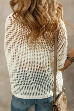 Outlet Dear-Lover Whit Fishnet Knit Ribbed Round Neck Short Sleeve Sweater Tee White