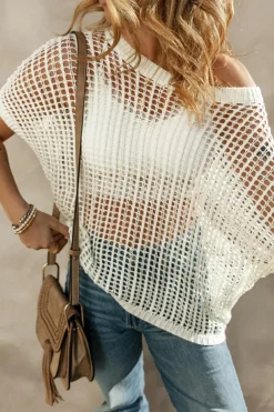 Outlet Dear-Lover Whit Fishnet Knit Ribbed Round Neck Short Sleeve Sweater Tee White