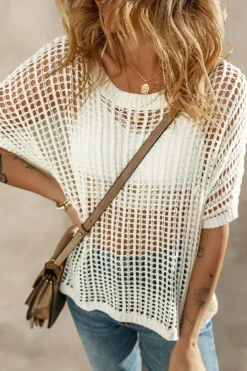 Outlet Dear-Lover Whit Fishnet Knit Ribbed Round Neck Short Sleeve Sweater Tee White