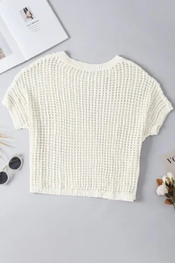 Outlet Dear-Lover Whit Fishnet Knit Ribbed Round Neck Short Sleeve Sweater Tee White