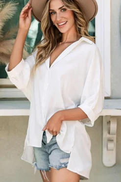 Hot Dear-Lover 3/4 Puff Sleeve Oversize Shirt White