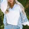 Fashion Dear-Lover Abstract Floral Patchwork Batwing Sleeve V Neck Blouse White