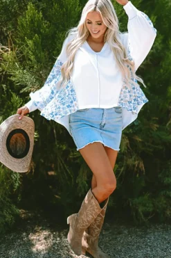 Fashion Dear-Lover Abstract Floral Patchwork Batwing Sleeve V Neck Blouse White
