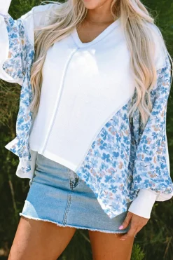 Fashion Dear-Lover Abstract Floral Patchwork Batwing Sleeve V Neck Blouse White