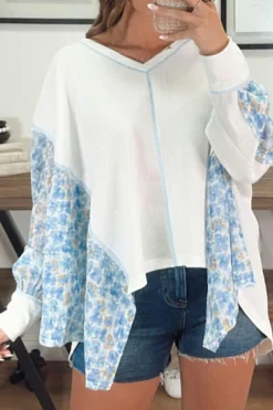 Fashion Dear-Lover Abstract Floral Patchwork Batwing Sleeve V Neck Blouse White