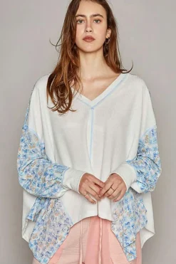 Fashion Dear-Lover Abstract Floral Patchwork Batwing Sleeve V Neck Blouse White