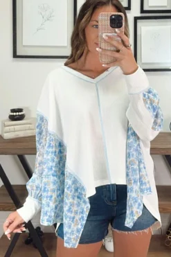 Fashion Dear-Lover Abstract Floral Patchwork Batwing Sleeve V Neck Blouse White