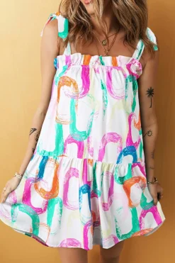 Sale Dear-Lover Abstract Print Knotted Straps Ruffled Mini Dress White