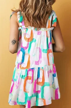 Sale Dear-Lover Abstract Print Knotted Straps Ruffled Mini Dress White